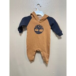 Timberland Baby Boys Girls Tan Blue Hooded Logo Romper Jumpsuit 6 9 Months